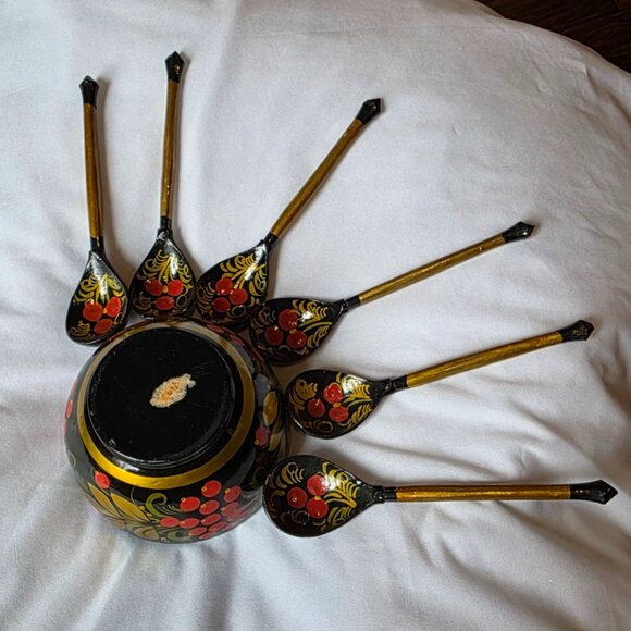 Khokhloma Wooden Bowl 6 Spoons Russian Traditional Collectible - Picture 3 of 10
